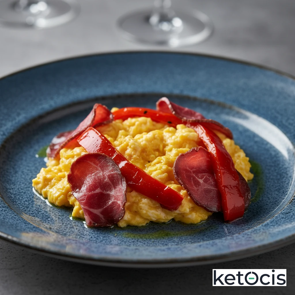 Huevos revueltos con cecina de león y pimientos asados en tiras