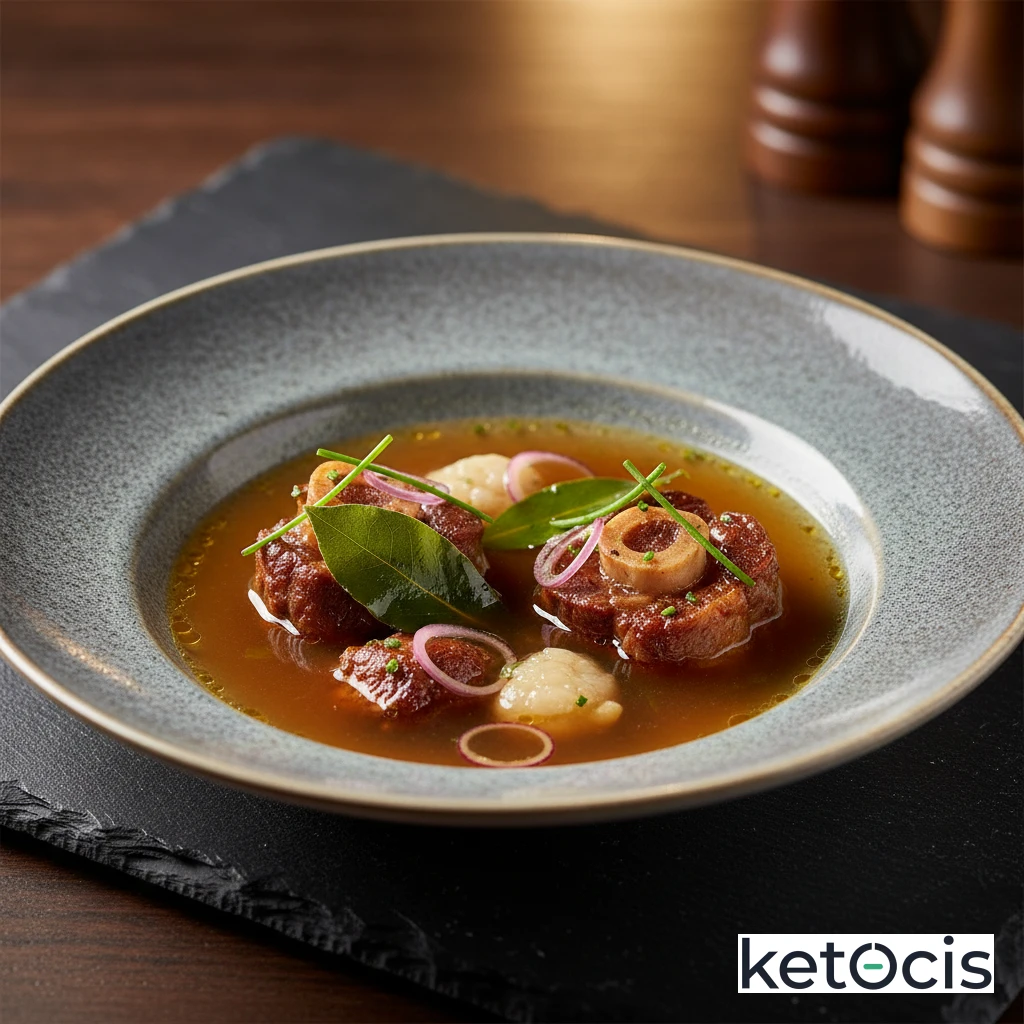 Sopa clara de rabo de toro cocinada a fuego lento con laurel