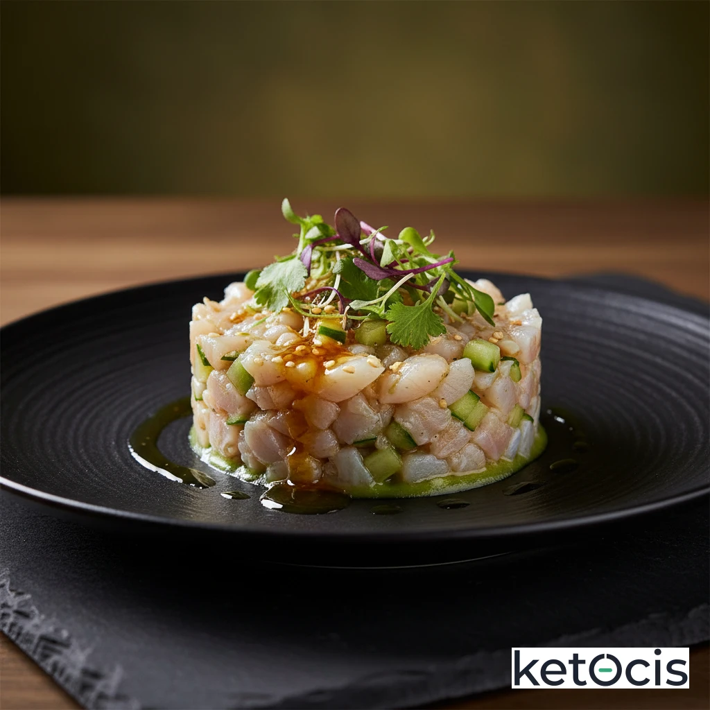 Tartar de lubina cruda con aceite de sésamo y pepino finamente picado