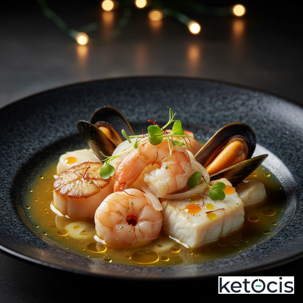 Cazuela de mariscos blancos con caldo claro de cebolla y azafrán