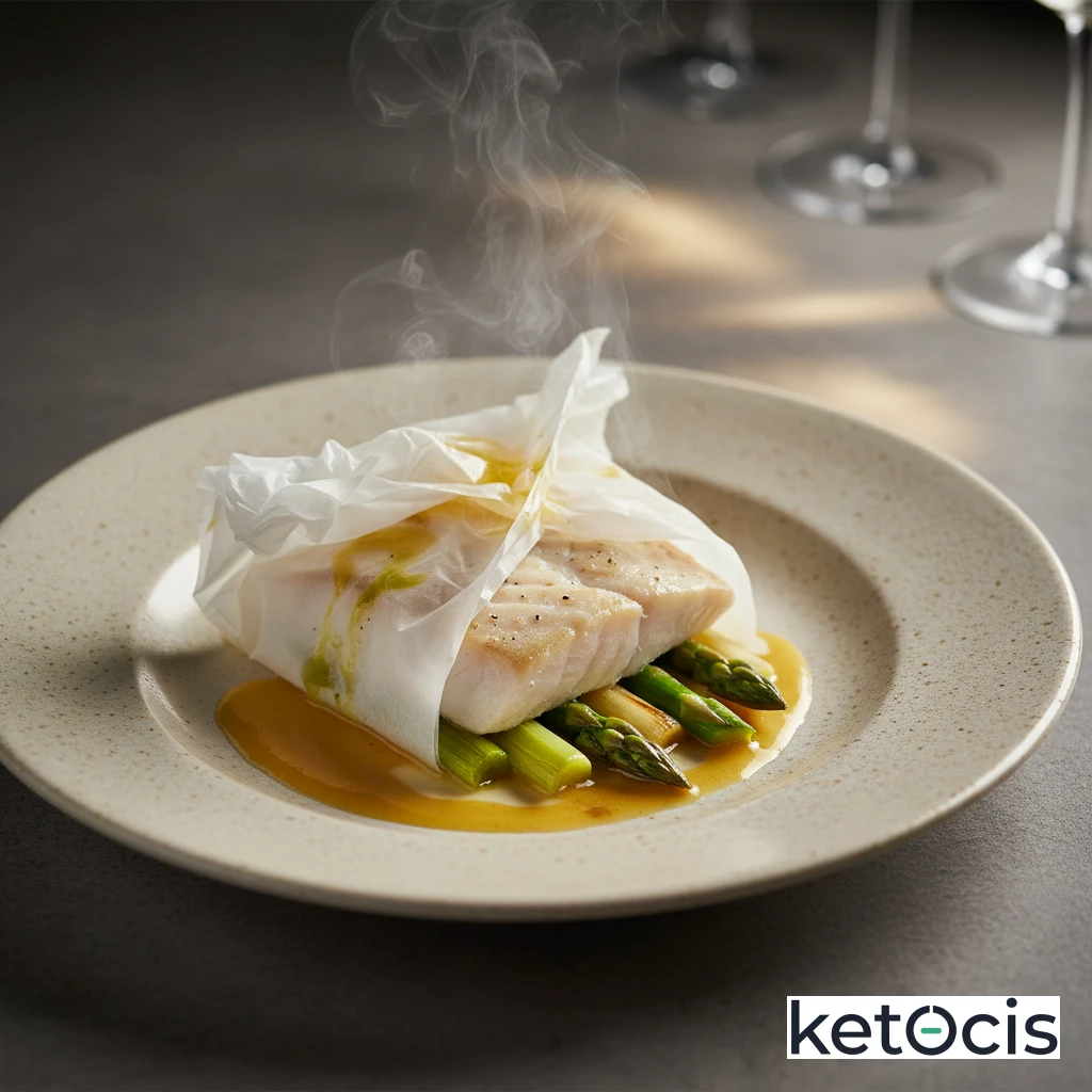 Filete de rodaballo al papillote con puerros y espárragos verdes