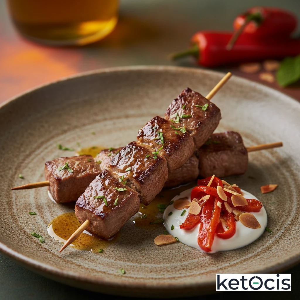 Pinchos de carne magra de cordero adobados con especias morunas