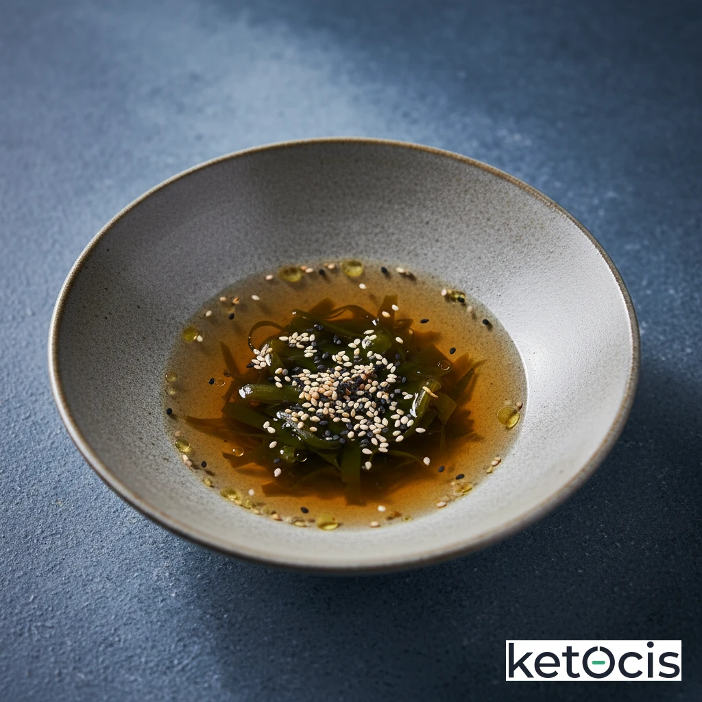 Caldo de pollo claro con algas kombu y semillas de sésamo