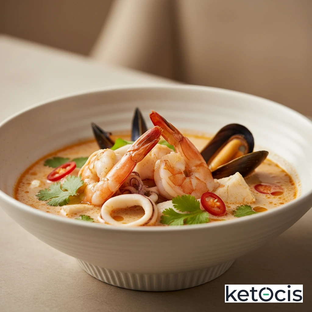 Sopa de mariscos picante elaborada con leche de coco y chile