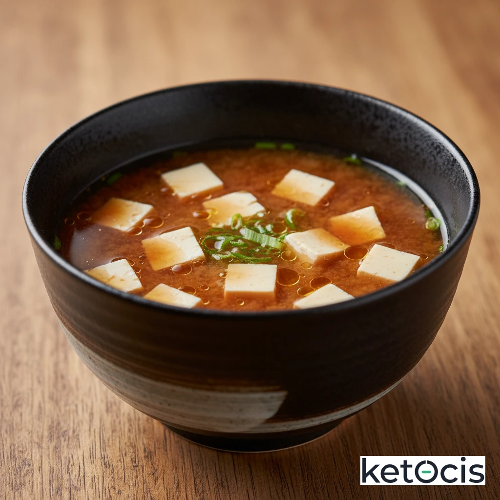 Sopa de miso rojo sin aditivos con dados de tofu sedoso firme