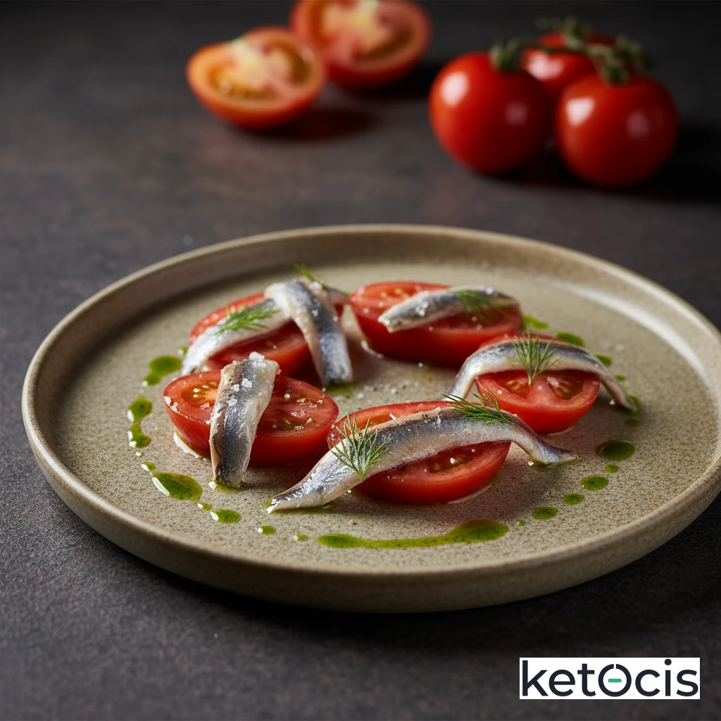 Tomates de rama cortados y aliñados con anchoas del cantábrico