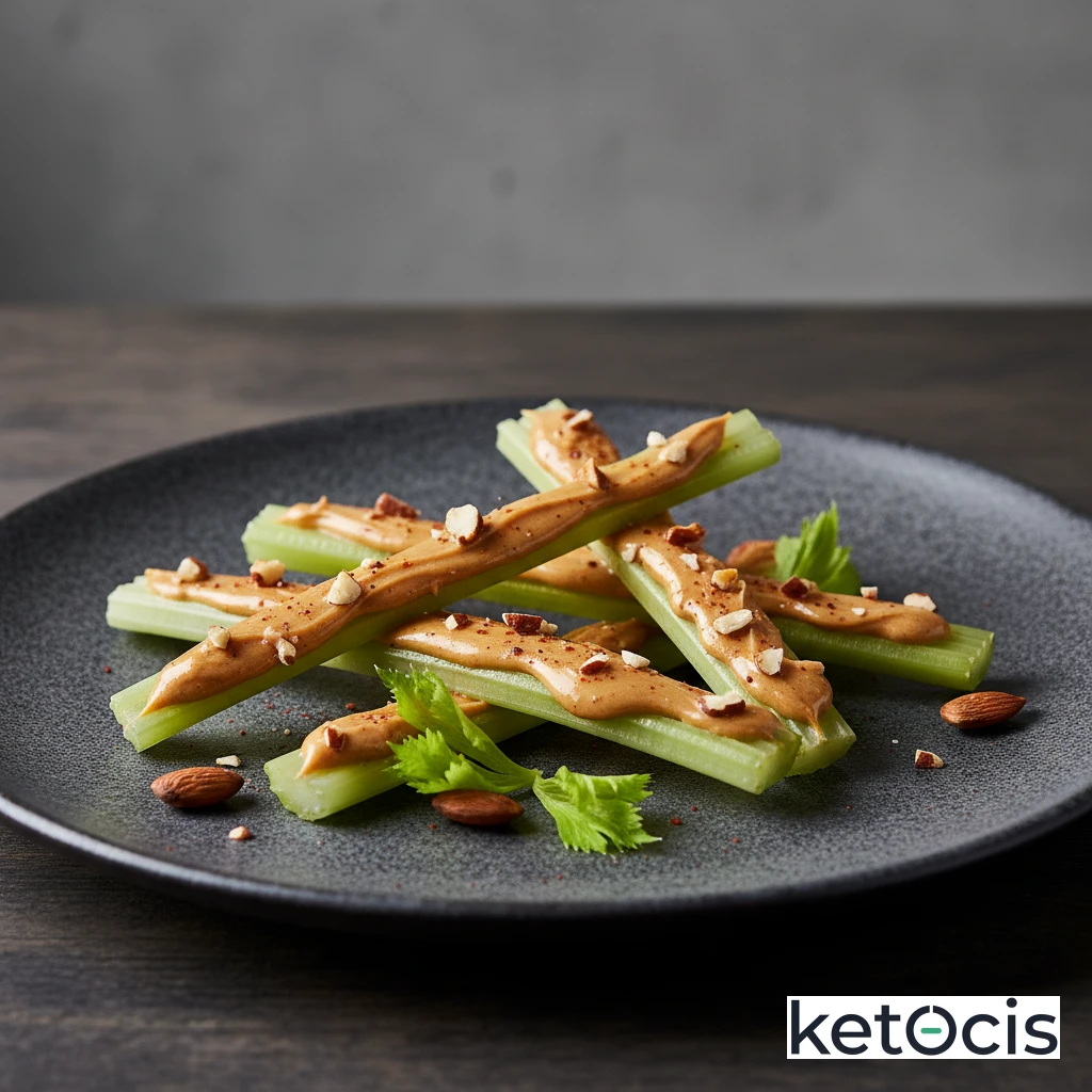 Palitos de apio crudo untados con crema de almendras tostada