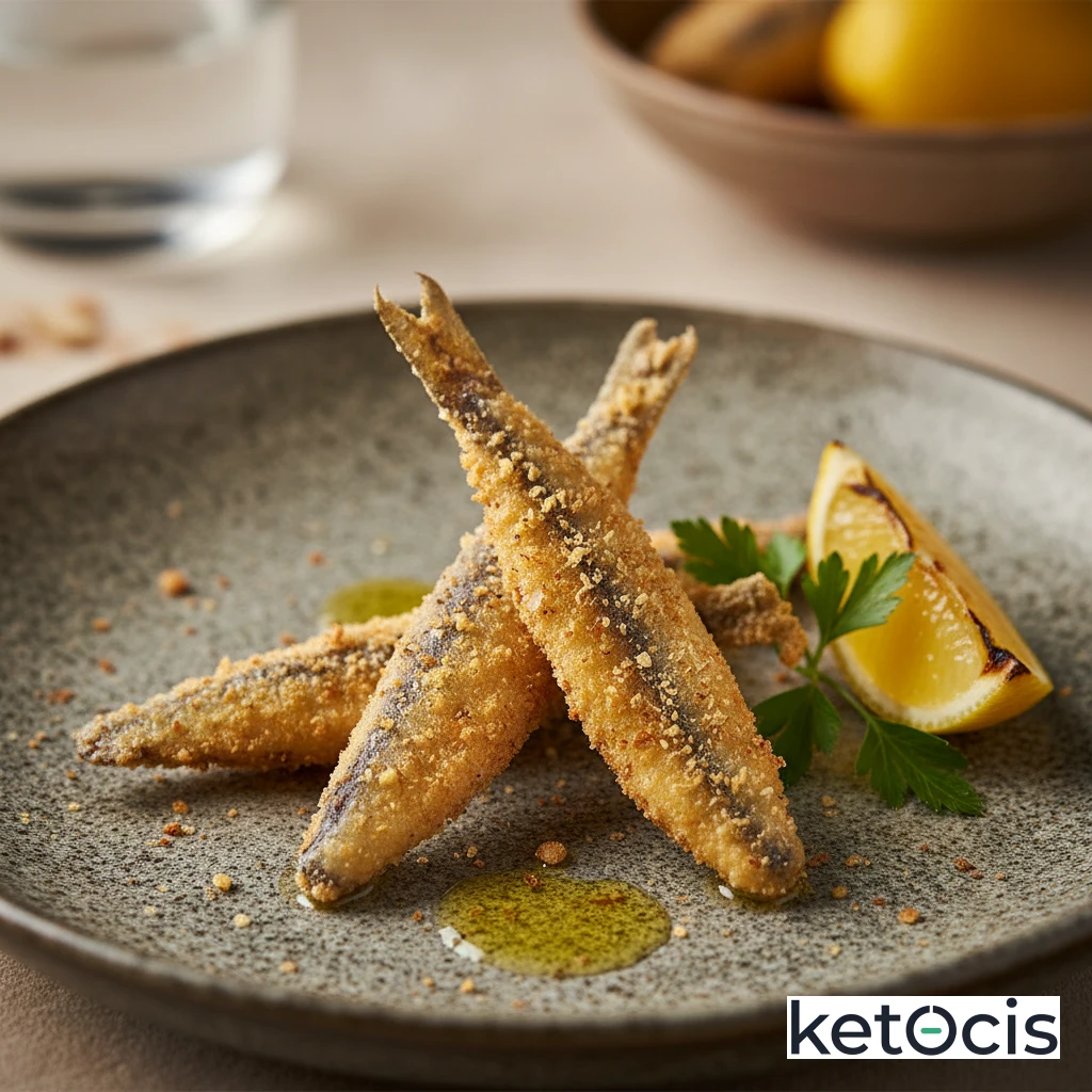 Boquerones fritos en aceite de oliva con rebozado de harina de almendra