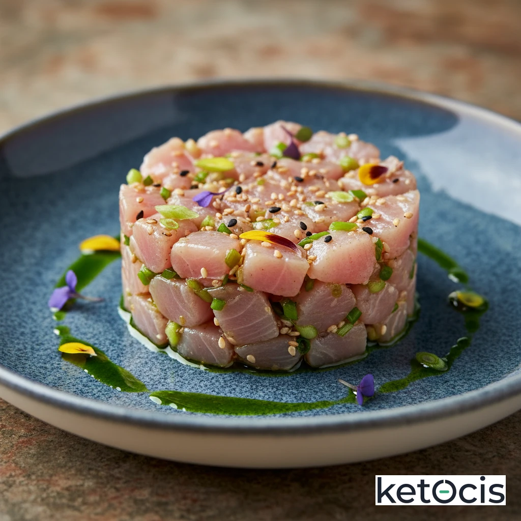 Tartar de atún blanco crudo con aceite de sésamo y cebolleta