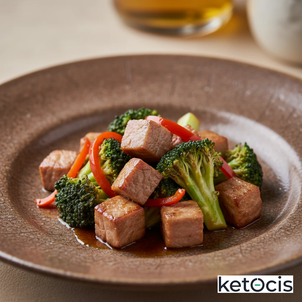 Magro de cerdo ibérico salteado al wok con brócoli y tamari