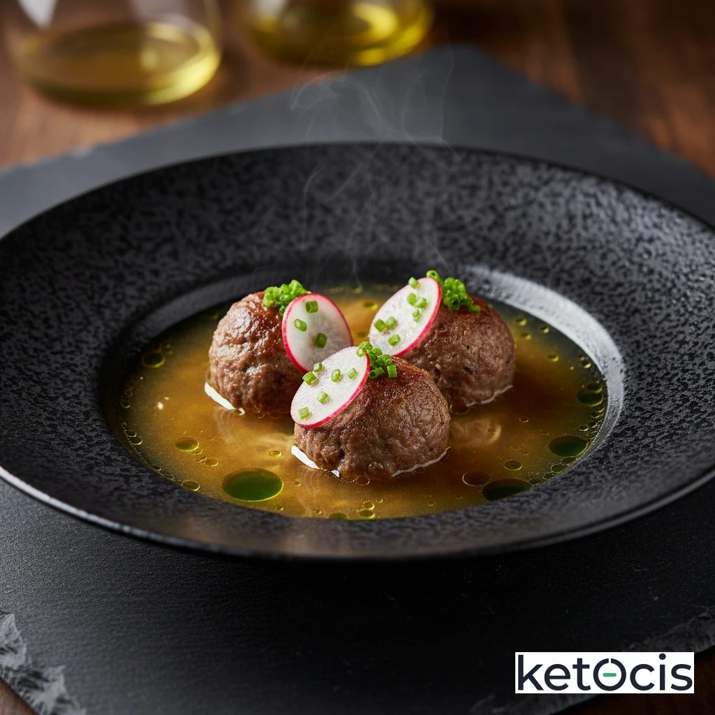Albóndigas de ternera picada en caldo claro de huesos de pollo