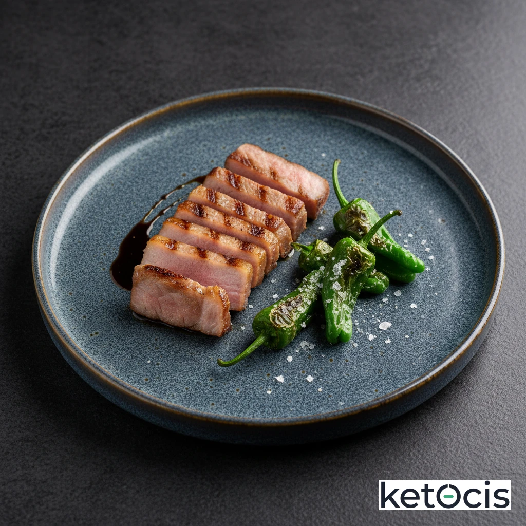 Secreto ibérico fileteado a la plancha con pimientos del padrón fritos