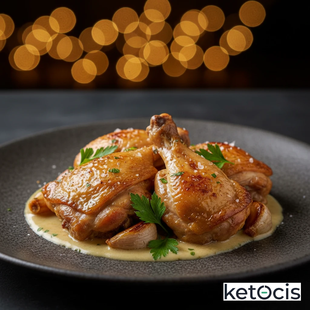 Pollo guisado al ajillo casero cocinado con vino blanco evaporado