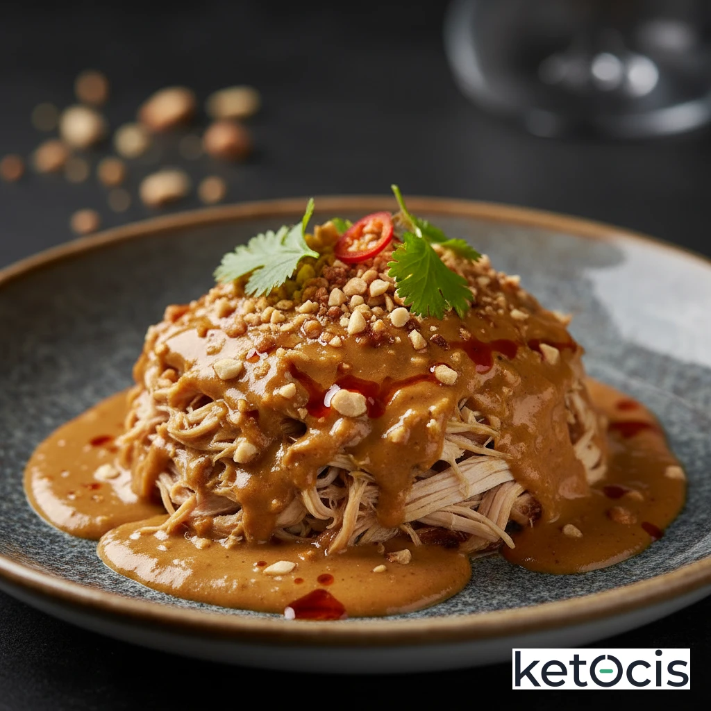 Pollo deshebrado en salsa de cacahuete cien por cien natural sin azúcar