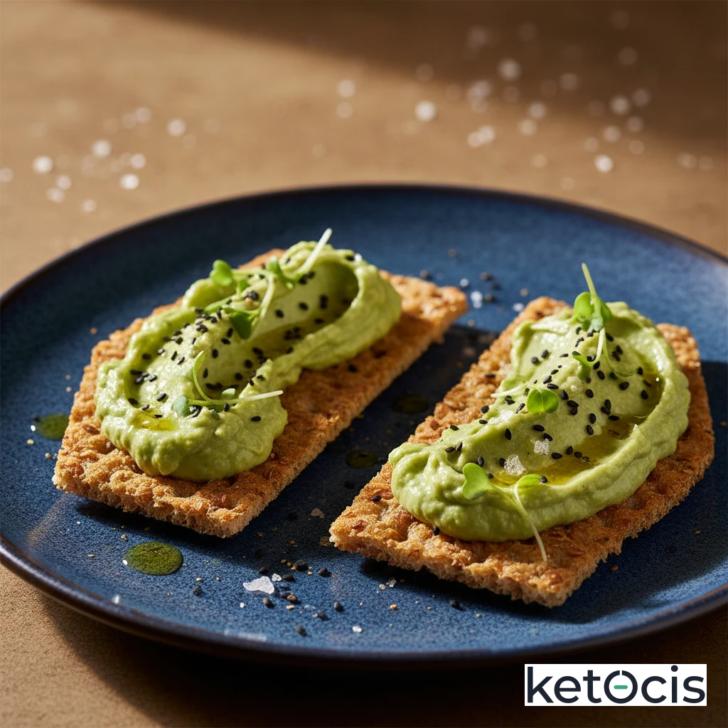 Tostadas crujientes de pan de lino dorado con crema de aguacate