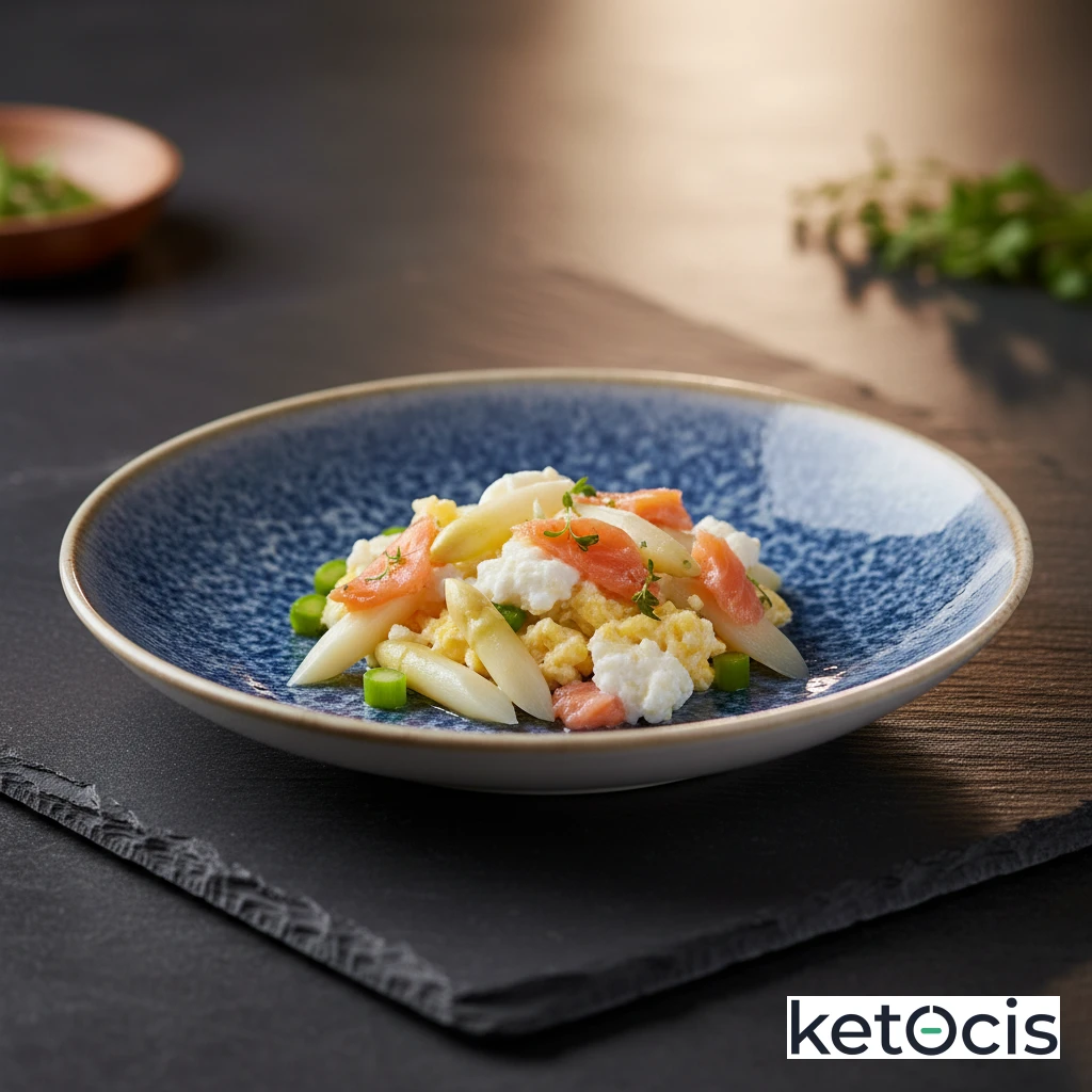Revuelto de claras con espárragos blancos picados y salmón salvaje