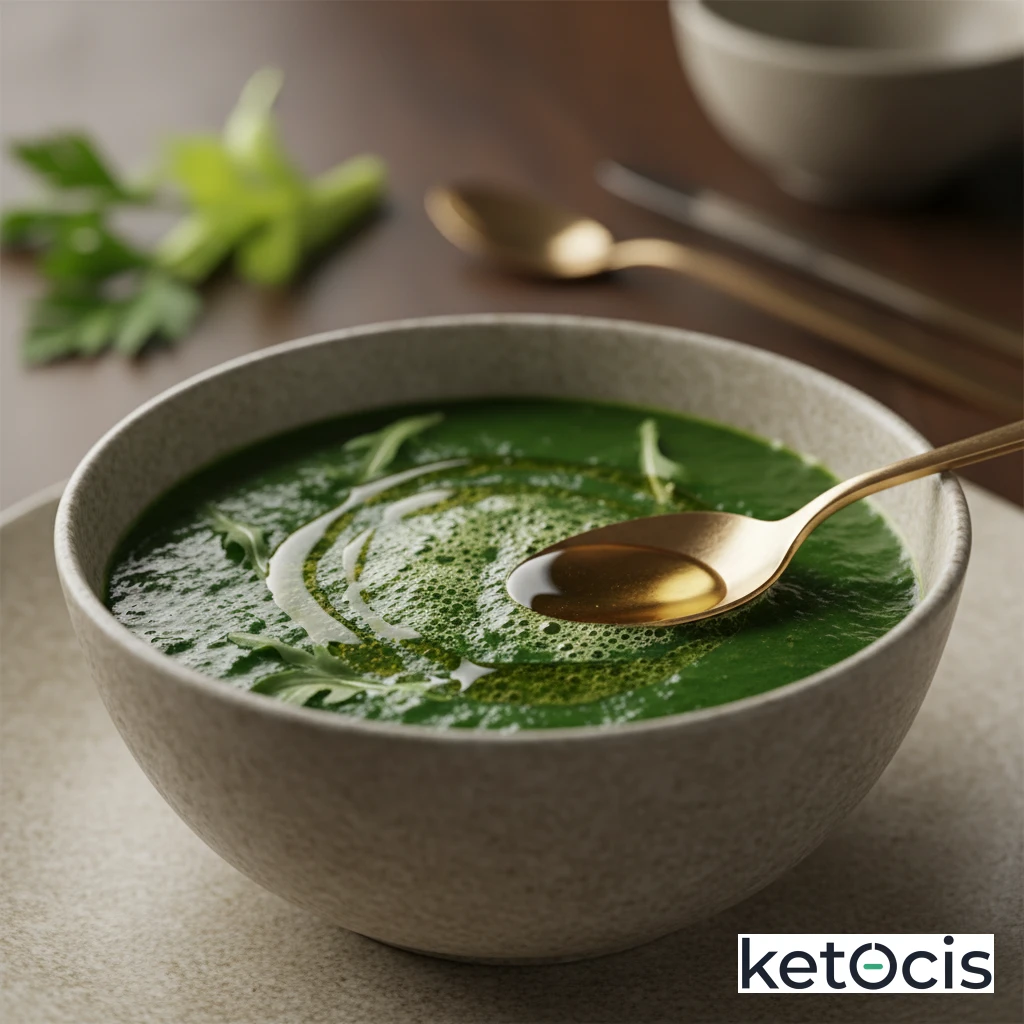 Batido verde de apio rúcula perejil y una cucharada de aceite mct