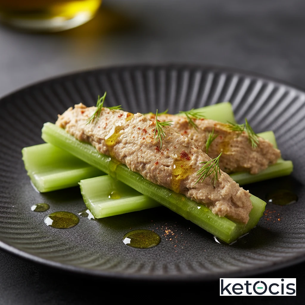 Palitos de apio verde fresco untados con paté de sardinas casero