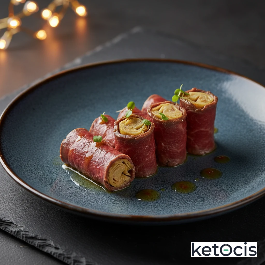 Rollitos de cecina de res rellenos de corazones de alcachofa confitados