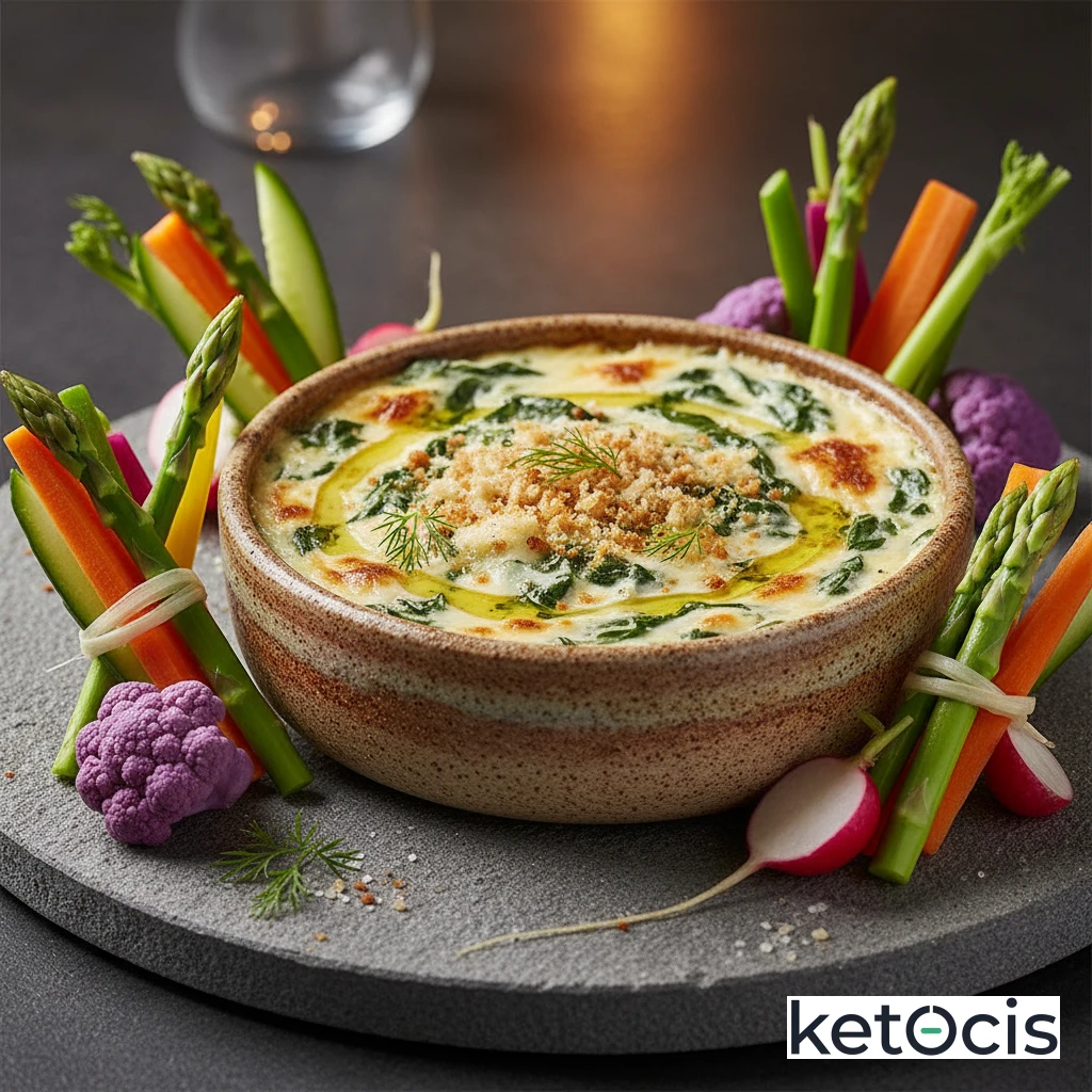 Dip de espinacas y queso crema horneado para acompañar verduras crudas