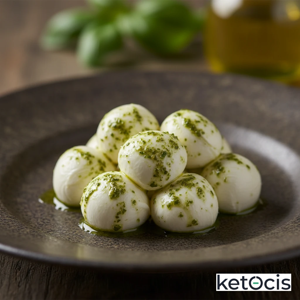Bolitas de queso mozzarella fresca marinadas en pesto verde casero