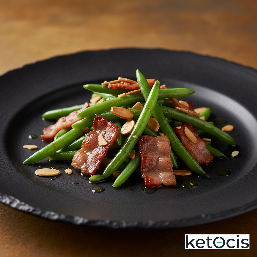 Ensalada tibia de judías verdes con tocino crujiente y almendras tostadas