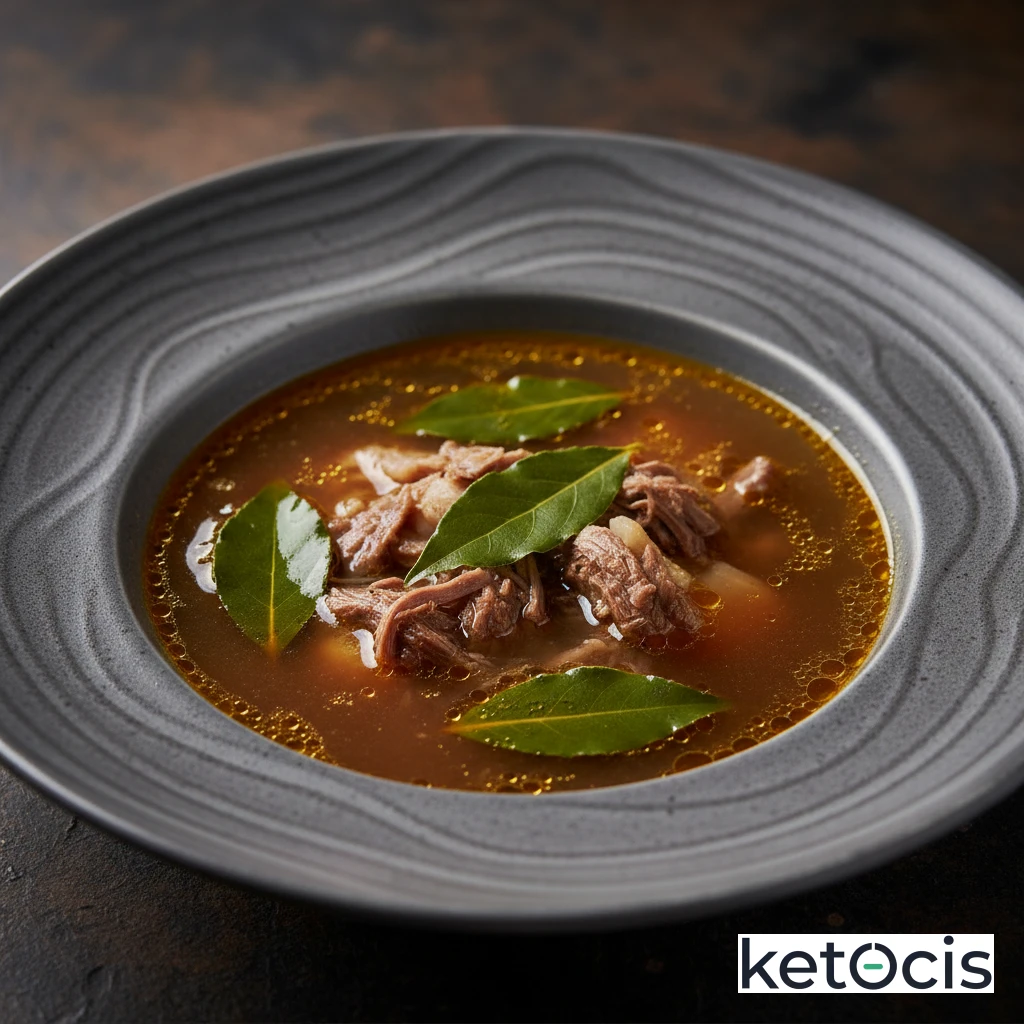 Sopa de caldo de huesos de ternera cocida veinticuatro horas con laurel