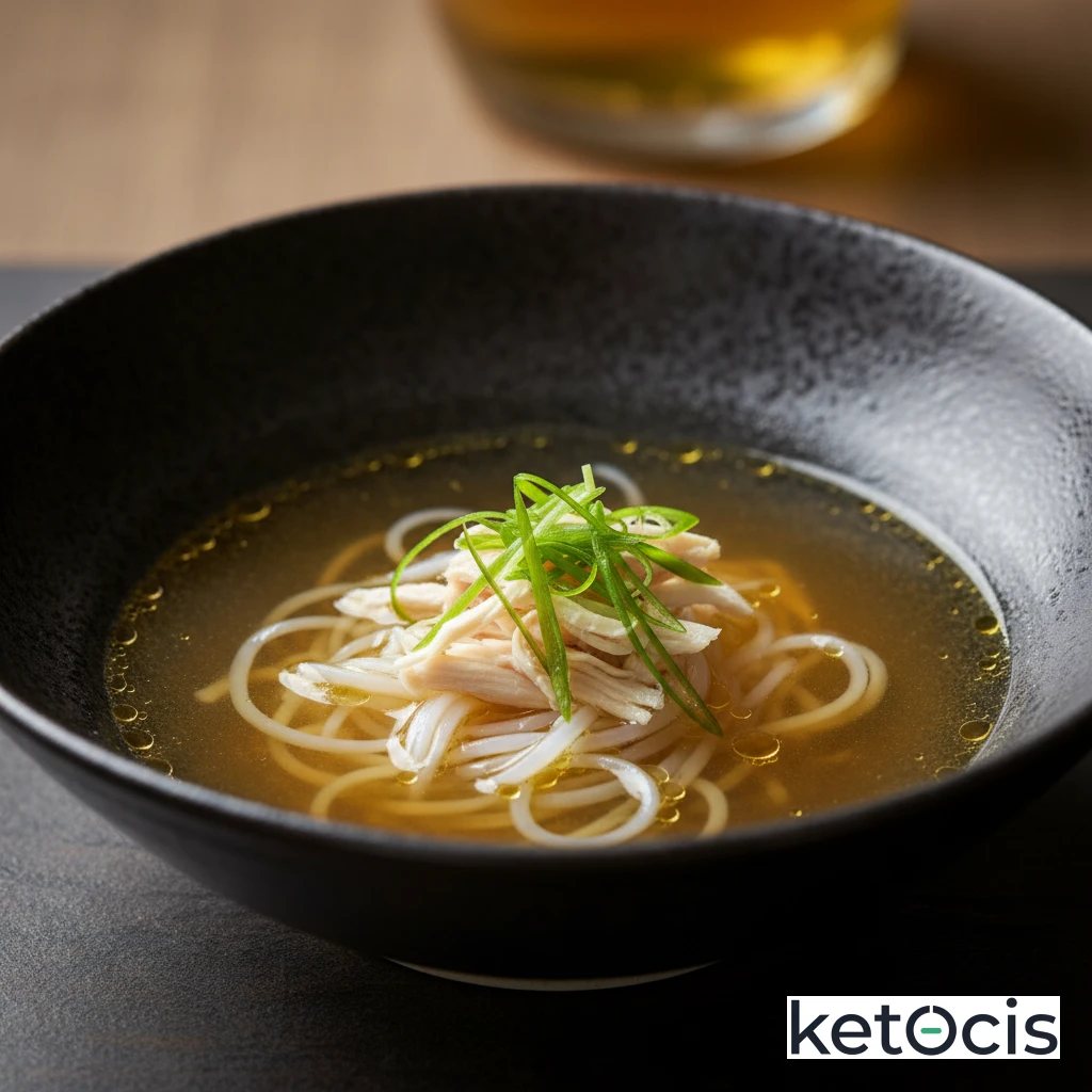 Caldo claro de pollo de corral con fideos de konjac y cebolleta