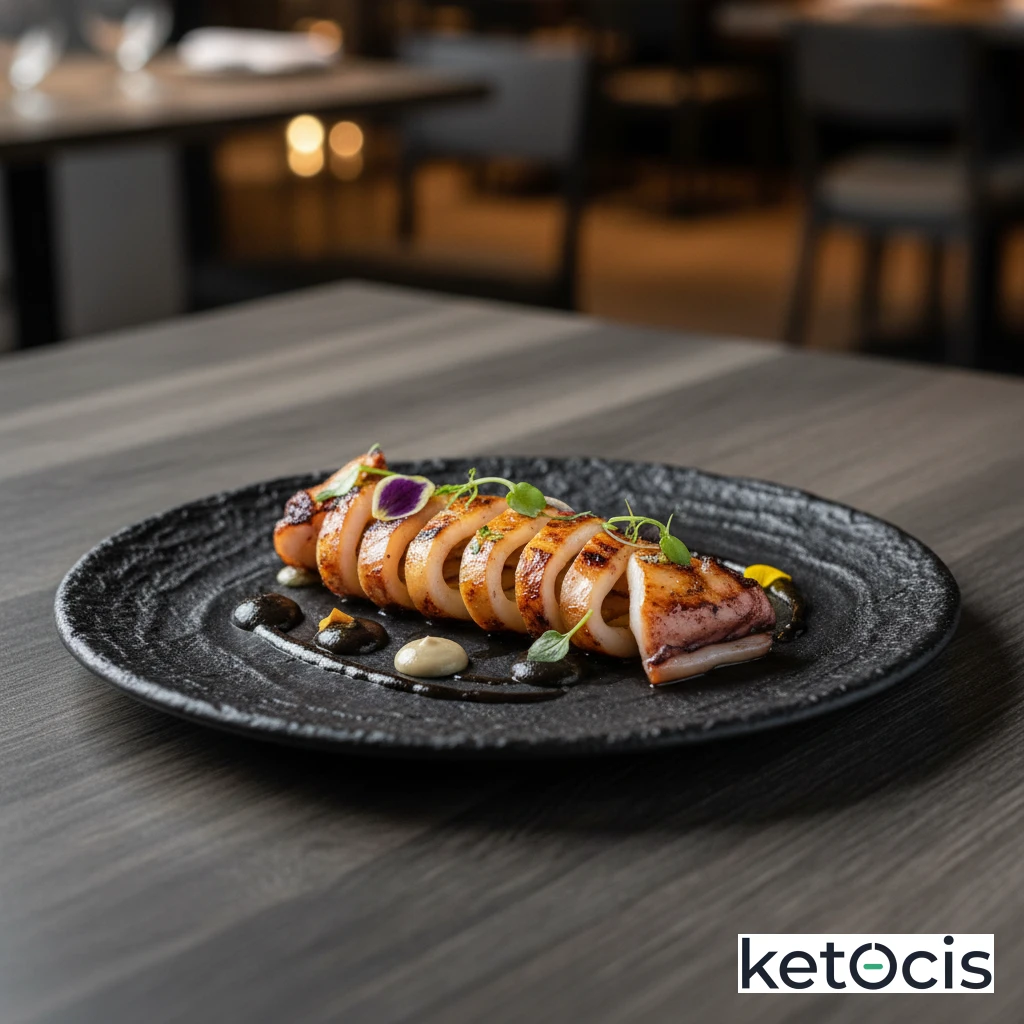 Calamares limpios a la plancha aliñados con mayonesa de ajo negro