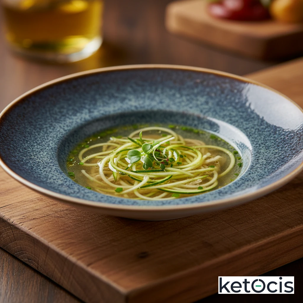 Sopa clara de ave desgrasada con fideos finos de calabacín