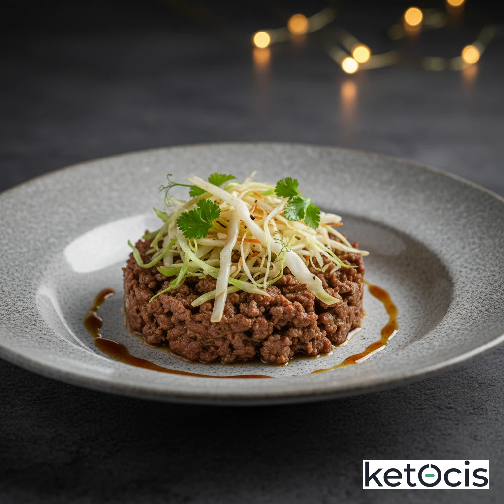 Carne picada de res salteada con repollo blanco crujiente en tiras