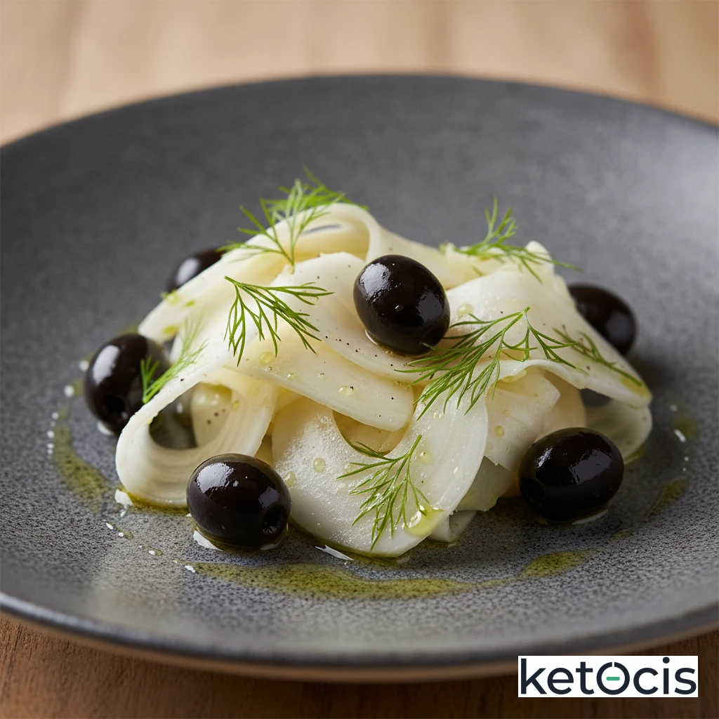 Ensalada de hinojo fresco muy crujiente con aceitunas negras