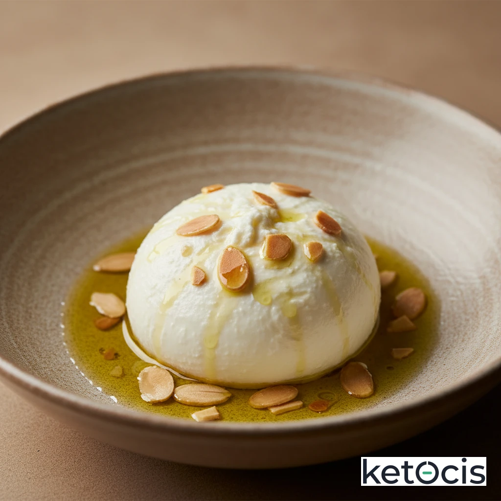 Tazón de queso ricotta fresco y entero con almendras fileteadas