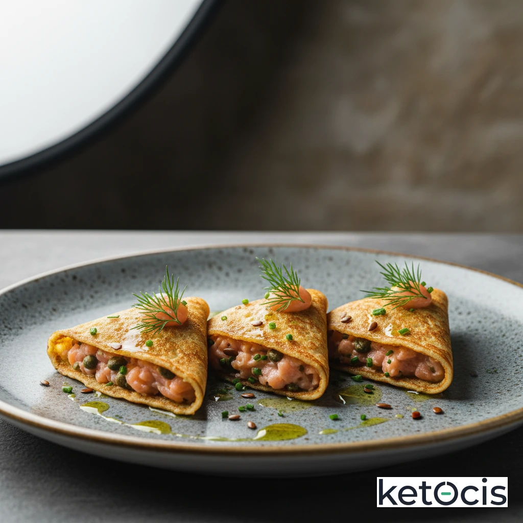 Crepas muy finas de lino dorado con crema de salmón y alcaparras