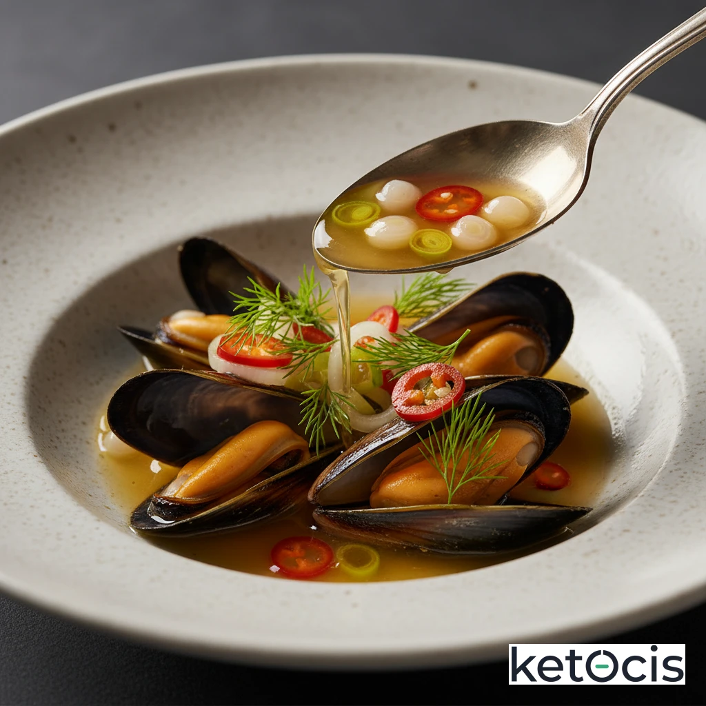 Mejillones al vapor cocidos en caldo de huesos de pescado claro