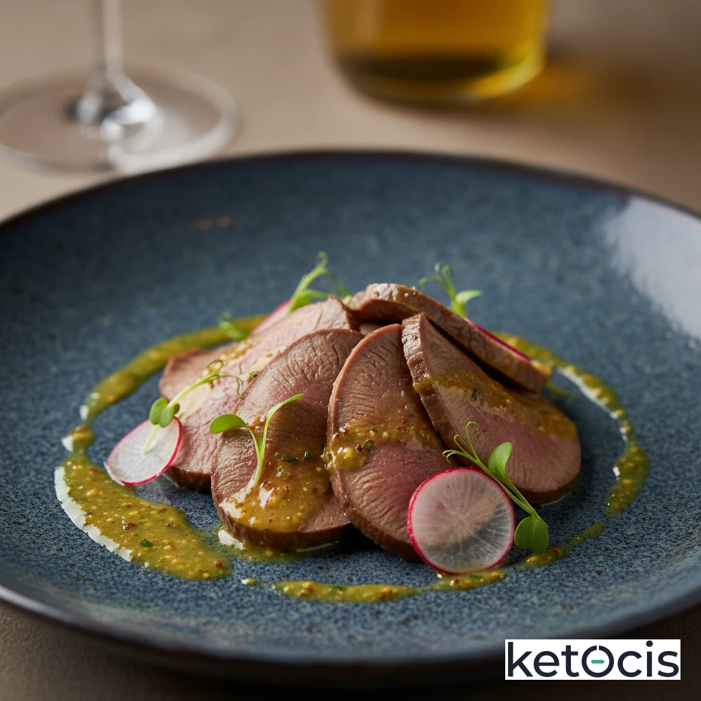 Lengua de ternera cocida servida fría con vinagreta de mostaza