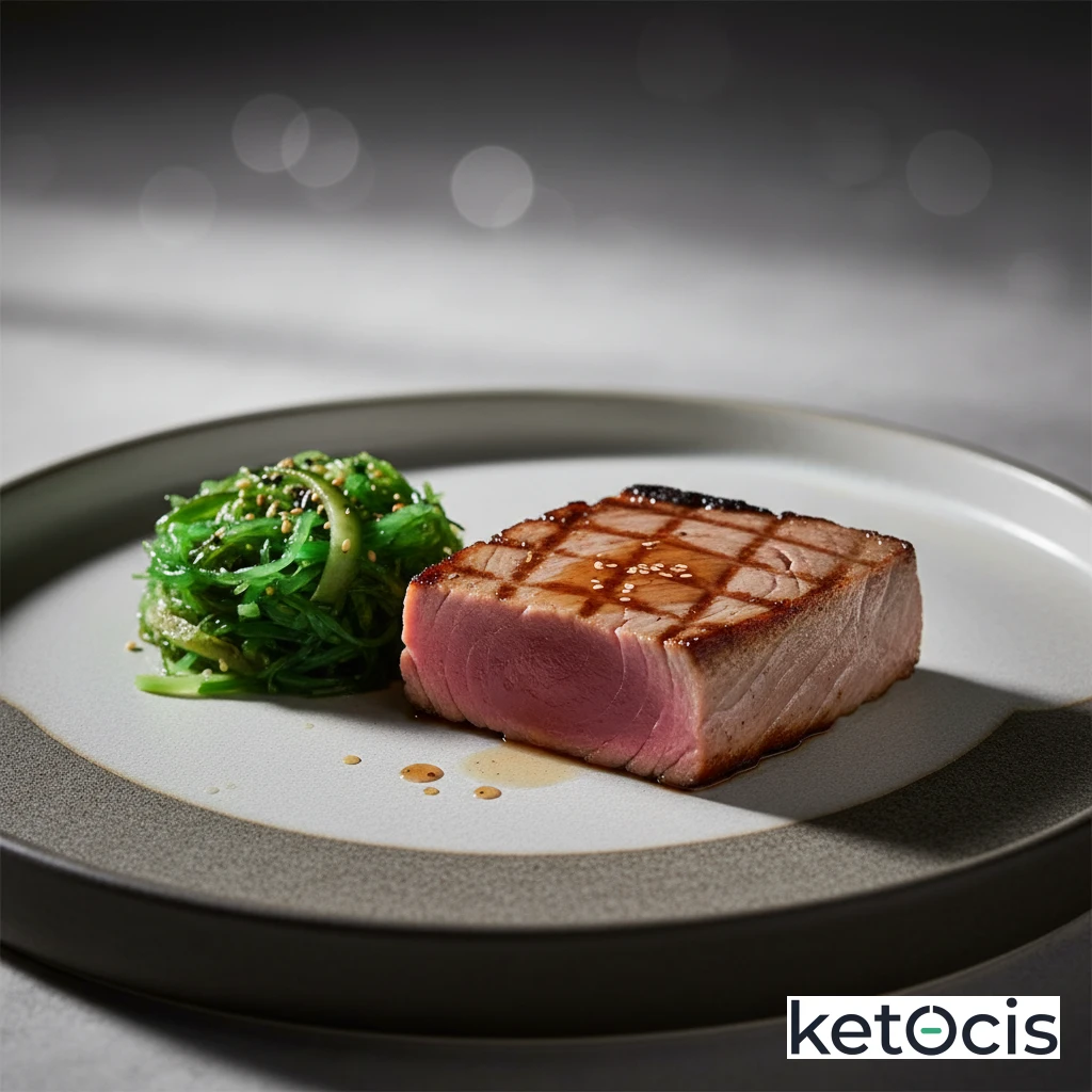 Rodaja de atún rojo a la plancha con ensalada de algas wakame