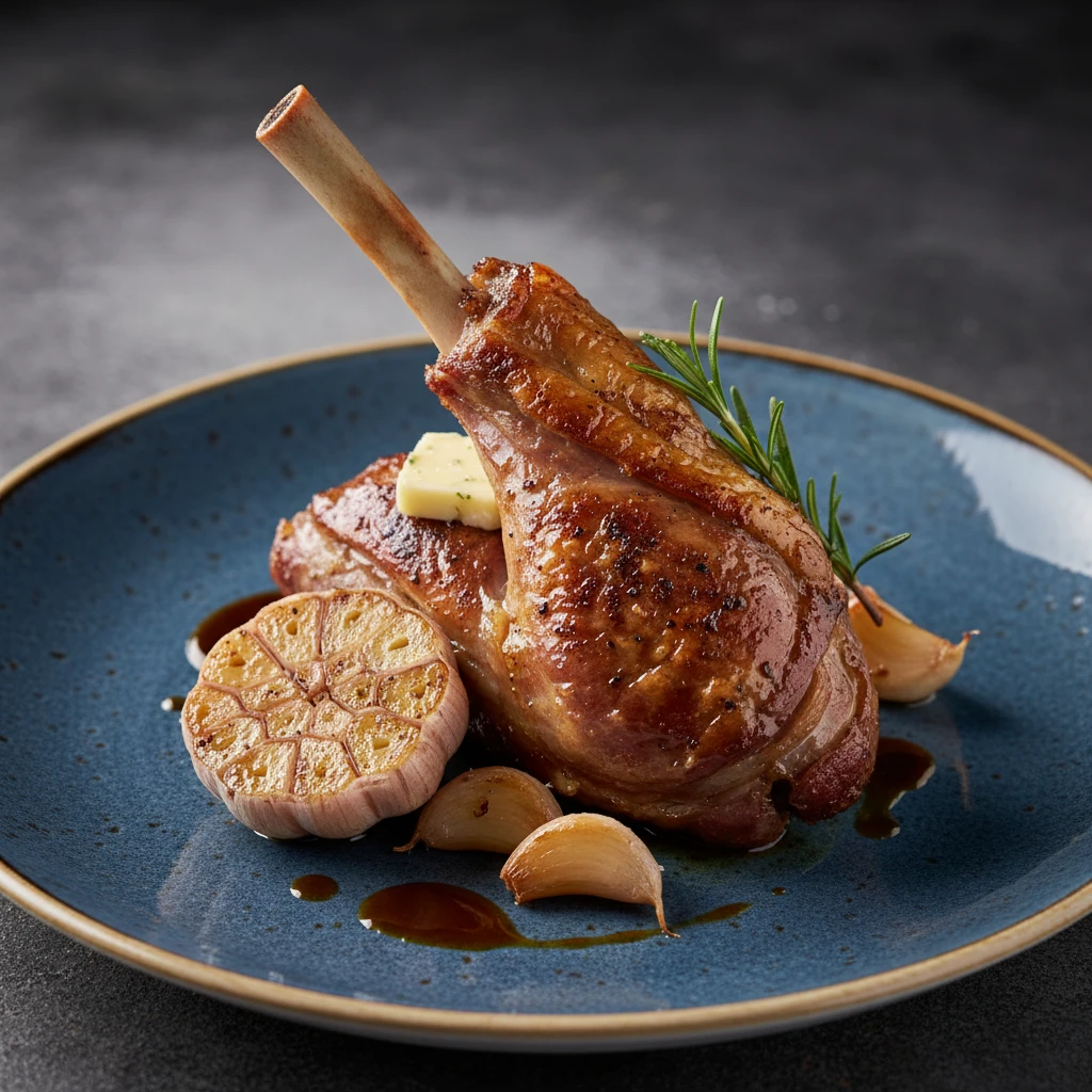 Pierna de cordero lechal al horno con manteca y ajo entero