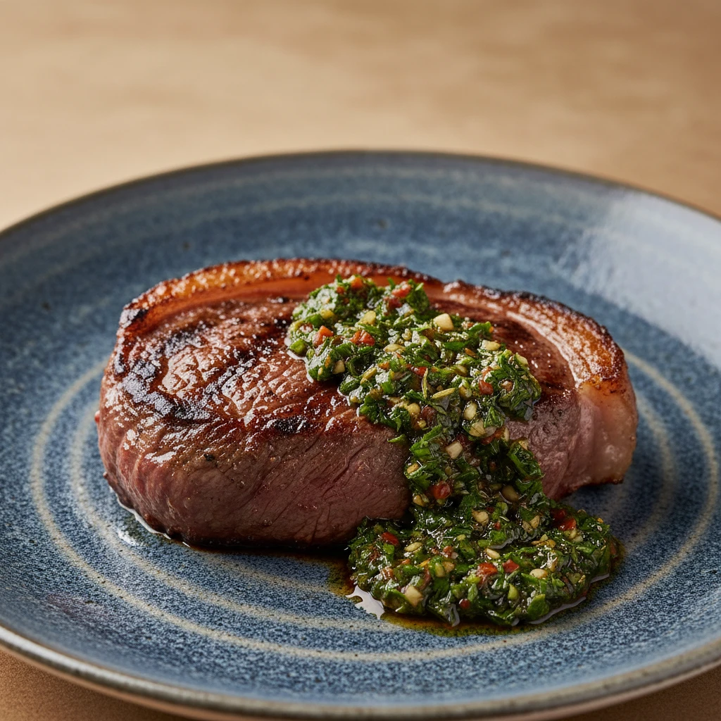Picaña asada a la brasa con grasa crujiente y chimichurri casero