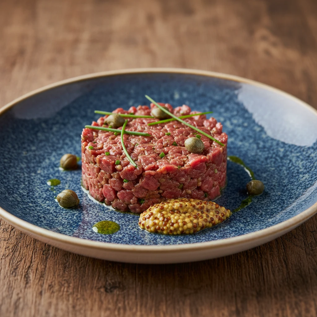 Steak tartar de solomillo de res con alcaparras y mostaza