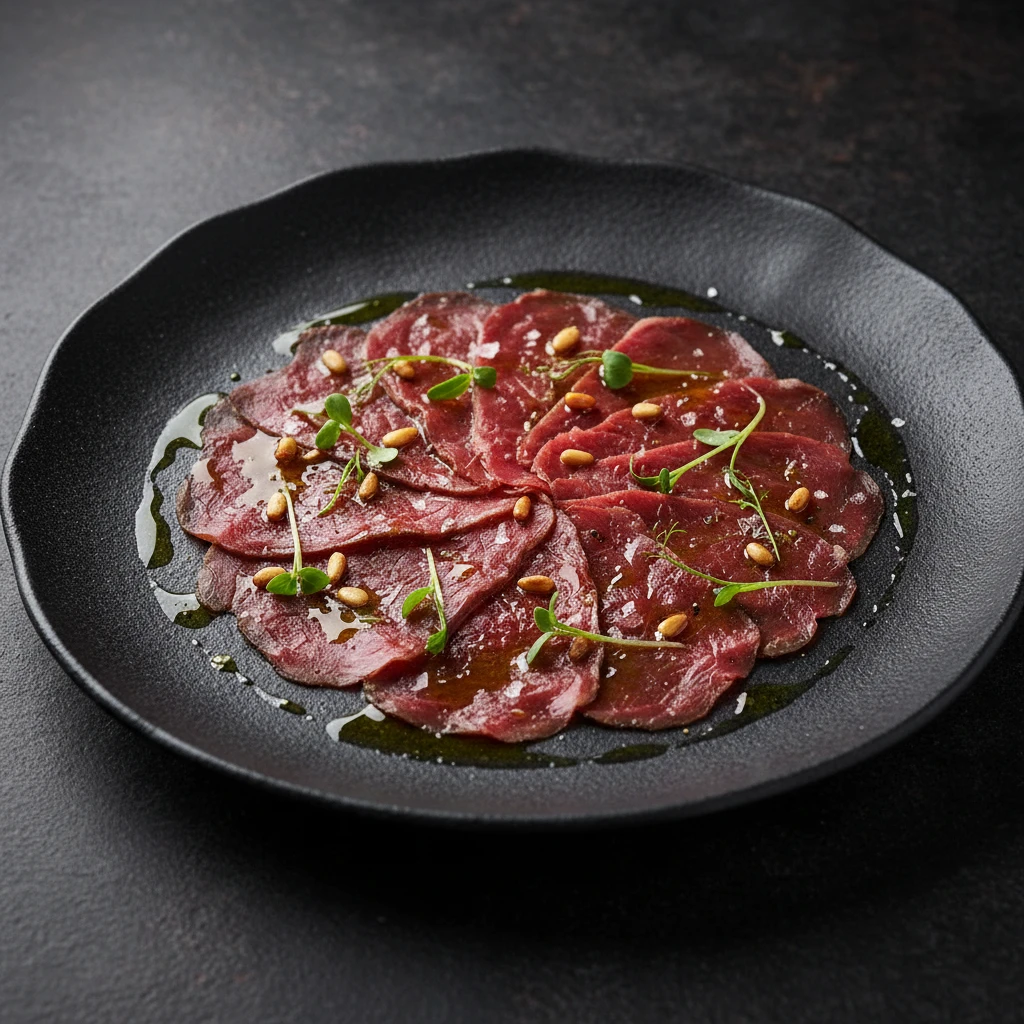 Carpaccio de lomo de ciervo con aceite de oliva y piñones