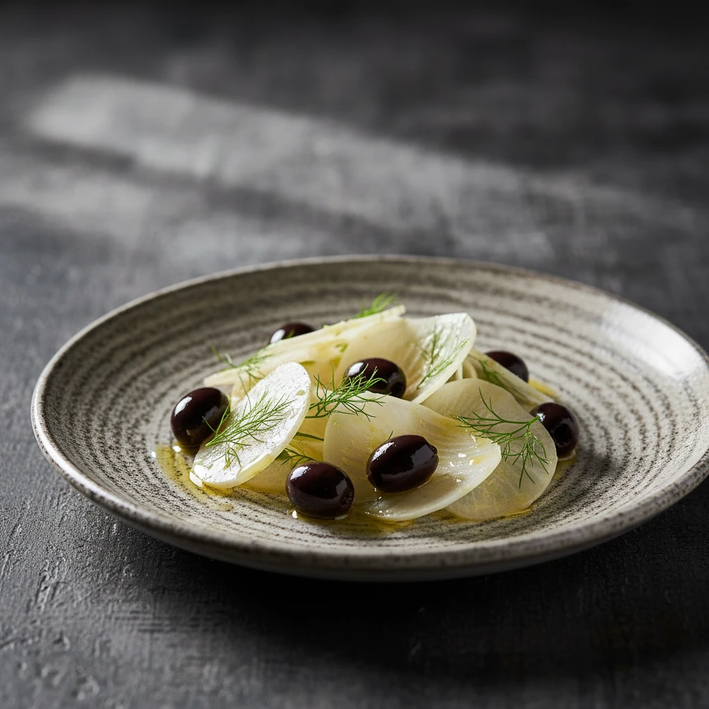 Hinojo fresco laminado en ensalada con aceitunas negras
