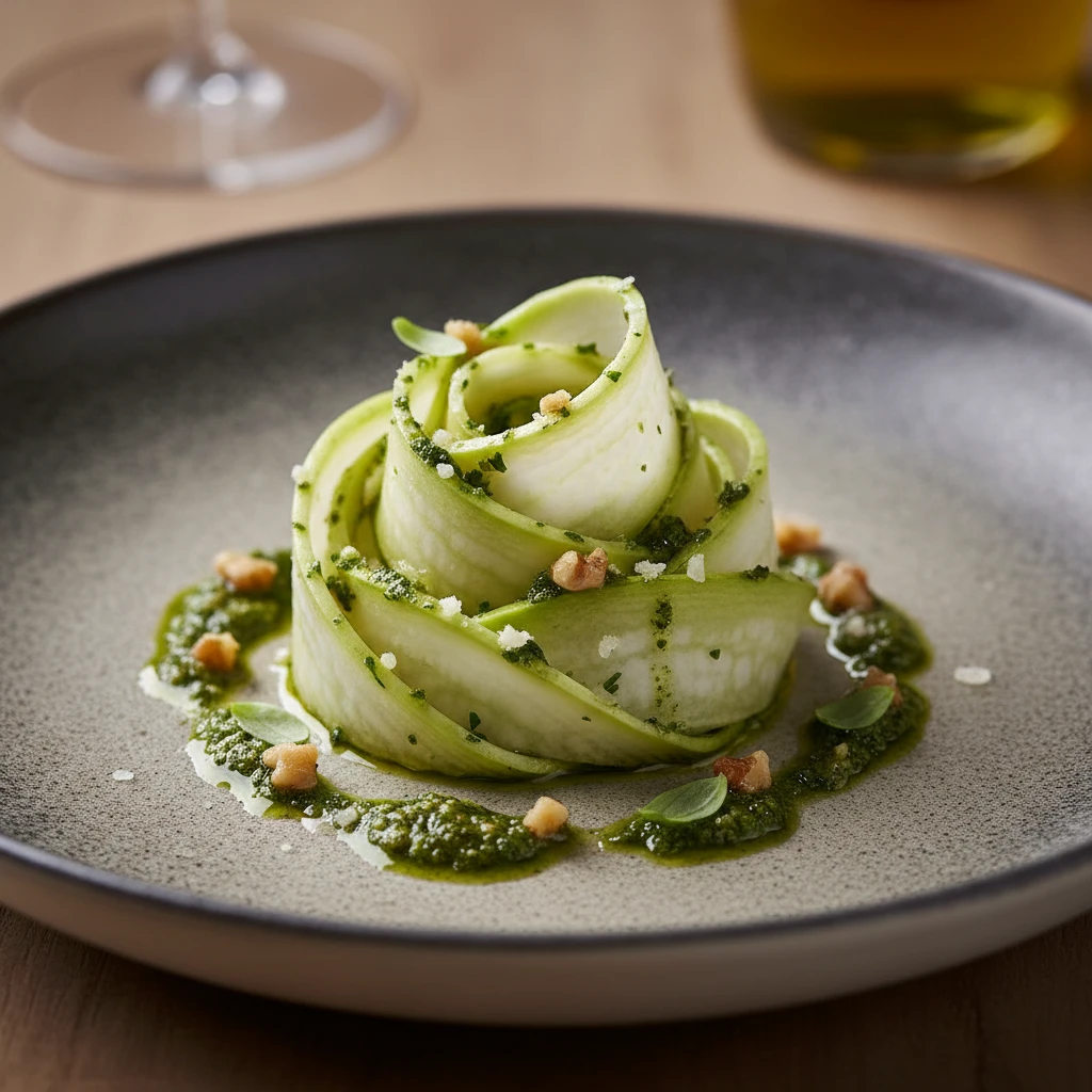 Colinabo en espirales crudo aliñado con pesto verde de nueces