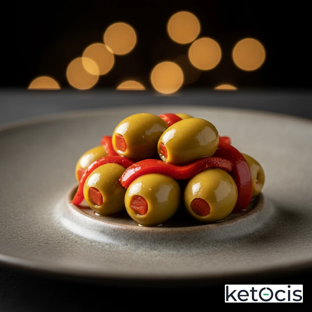 Aceitunas gordales rellenas de pimiento asado y aliñadas en casa