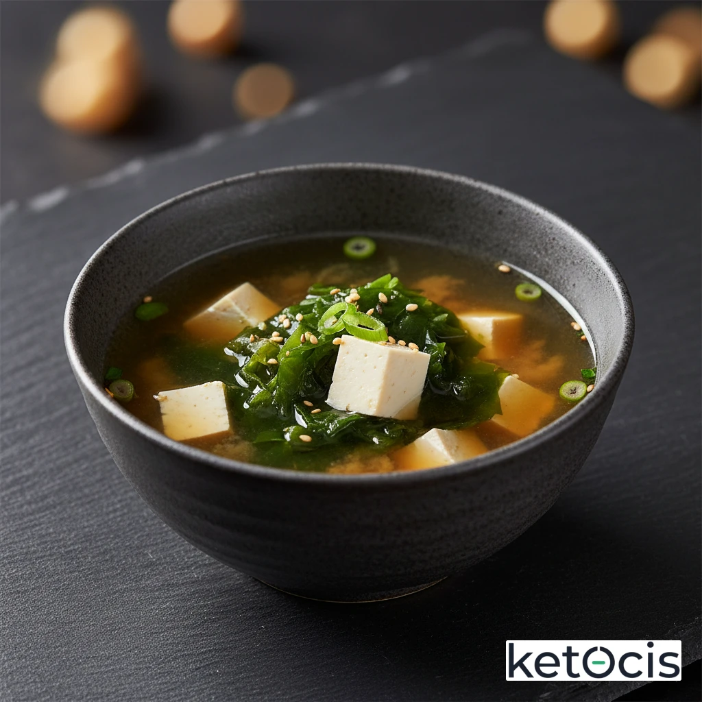 Sopa de miso casera con algas wakame y tofu firme en dados