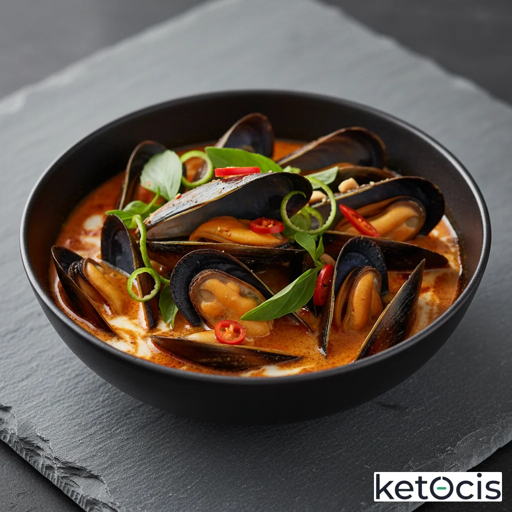 Mejillones al vapor con leche de coco y curry rojo tailandés