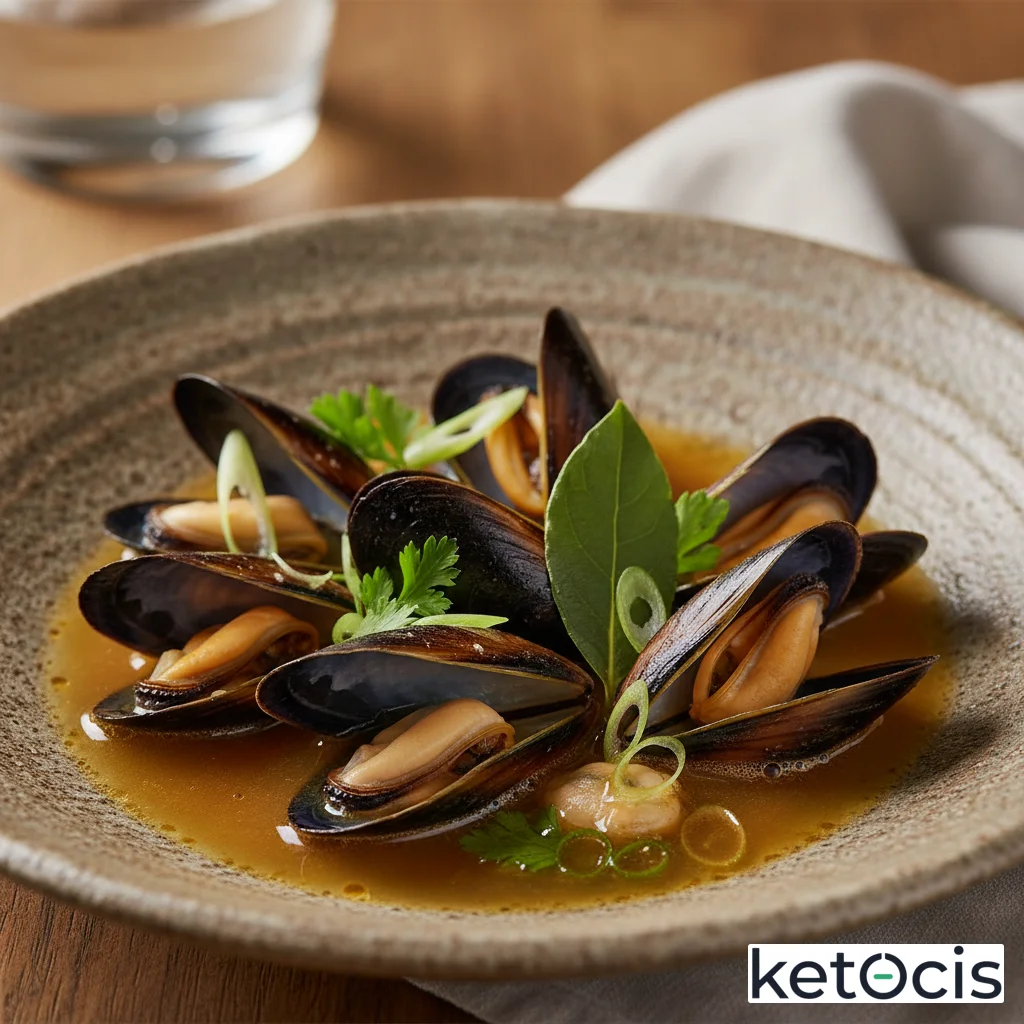 Mejillones al vapor de caldo de huesos y hojas de laurel fresco en cazuela