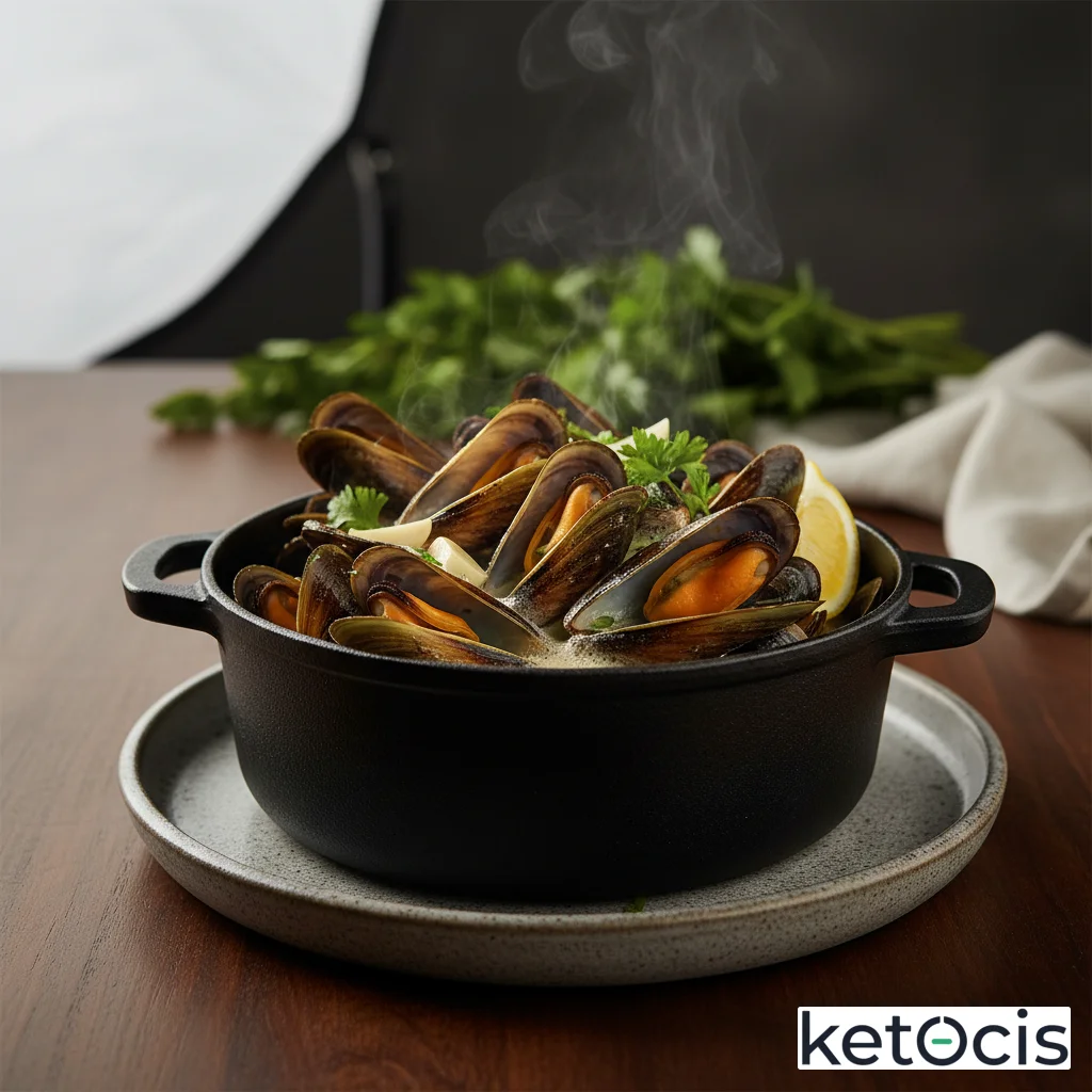 Mejillones al vapor de vino blanco en cazuela de hierro fundido