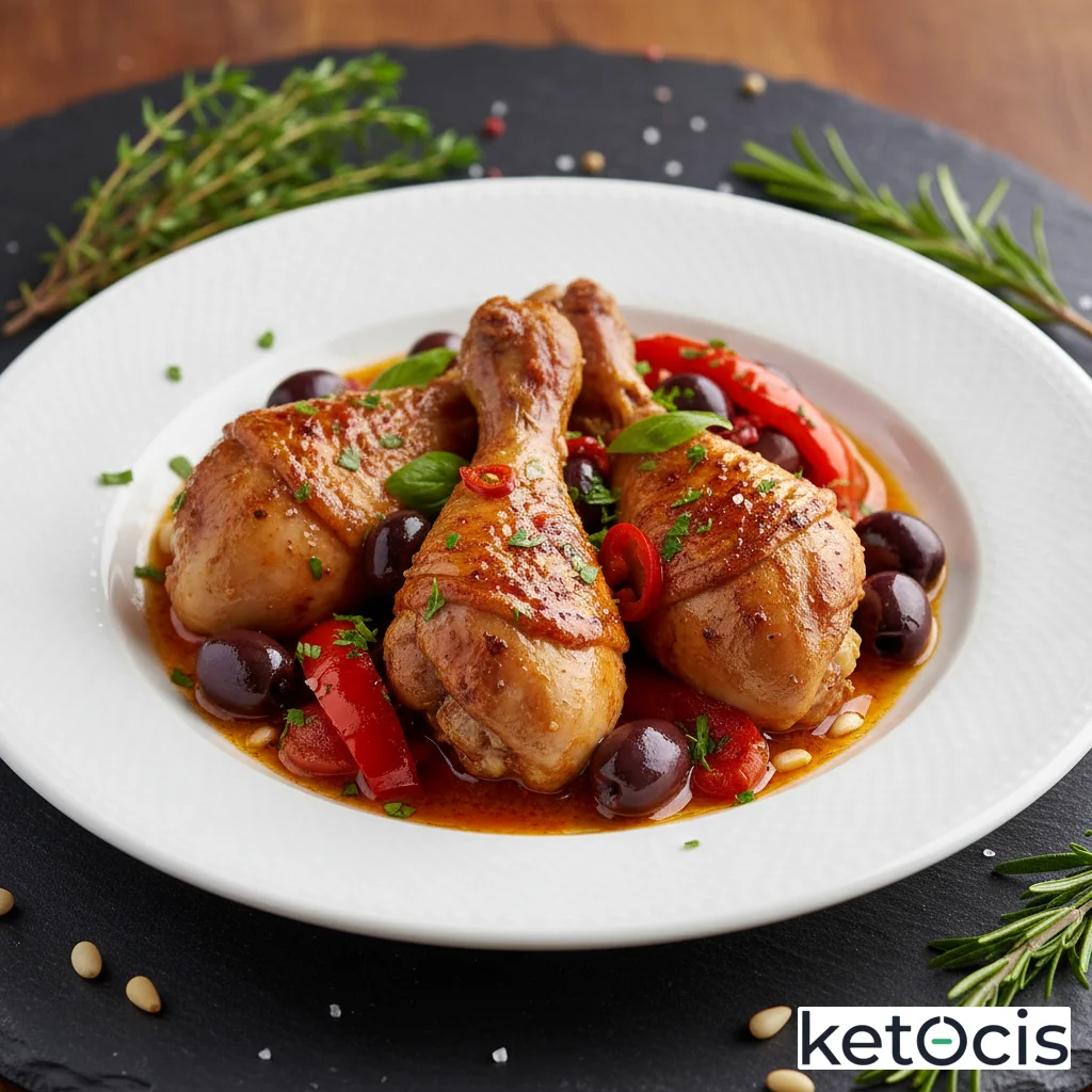 Muslitos de pollo guisados a fuego lento con aceitunas kalamata y pimentón