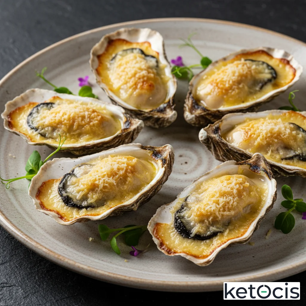 Ostras gratinadas con crema espesa y queso parmesano rallado